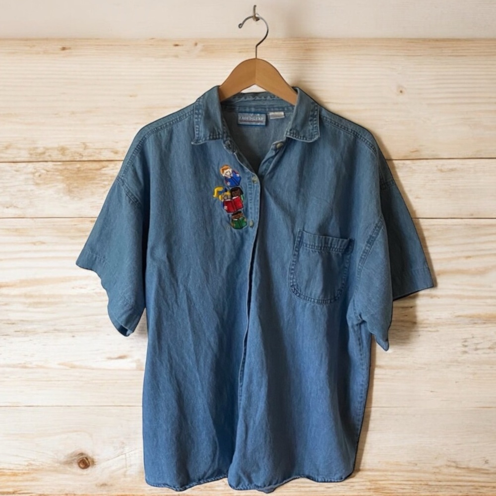 🤑 10/$100 Faded Gear vintage denim short sleeve button book embroidery shirt XXL